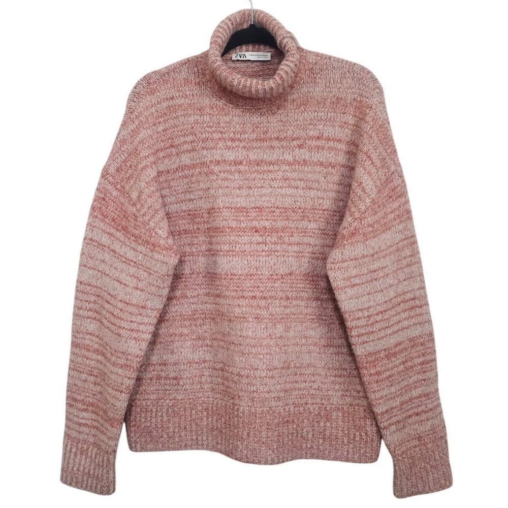 Zara Turtleneck Sweater Women XS Pink‎ Oversized Chunky Knit Alpaca Wool Blend ~